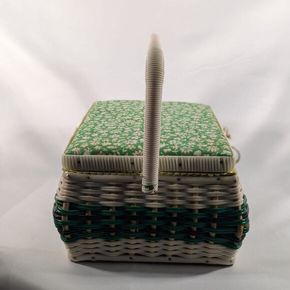 VTG Sewing Basket Woven and Hinged Bale Handle Cream Indonesian Wooden Bottom - Picture 5 of 10